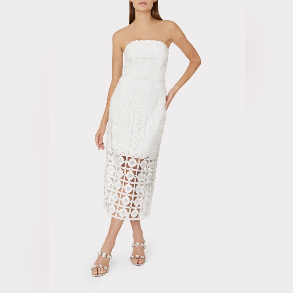 Milly Kait Strapless Tiled Lace Midi-Dress